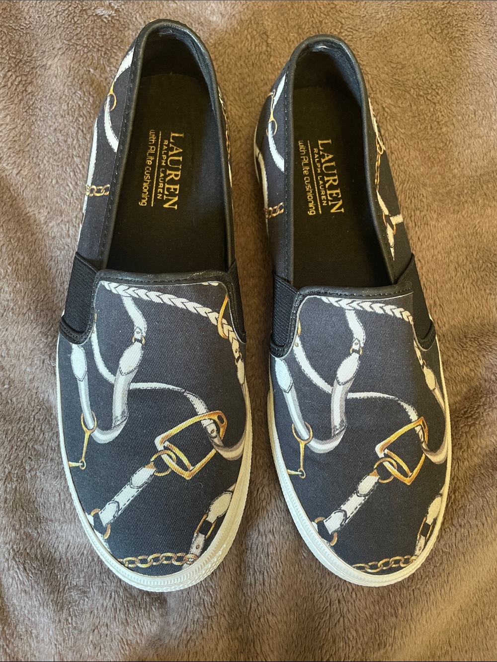 Lauren Ralph Lauren Black Slip-On Sneakers with Gold Chain Print